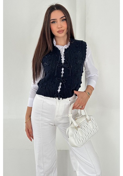 Noa & Noa Kadın Ponponlu Bağlamalı Triko Süveter Dokulu & Romantik Stil Lacivert