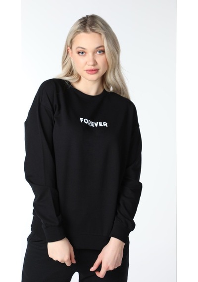 Defys Kadın Bisiklet Yaka Regular Fit Baskılı Sweatshirt Siyah - 499138804 Siyah