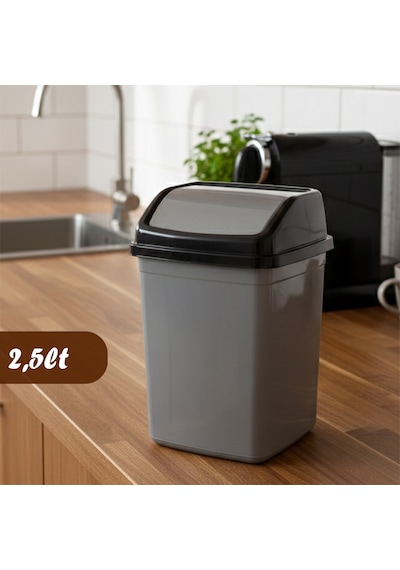 Porsima 0102 Kapaklı Gri-siyah Çöp Kutusu - Favori Banyo Ve Mutfak Çöp Kovası 2,5lt Gri