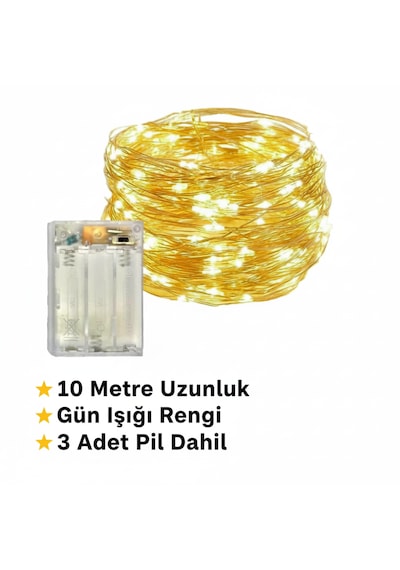 Peri Led Işık 10 Metre Bahçe Balkon Oda Ambiyans Aydınlatma Yılbaşı Ağacı Süsleri Doğum Günü Konsept Gün Işığı - Sarı