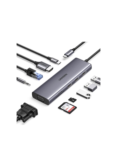 Ugreen 10IN1 Type-c To 3 Usb 3.0 4K/30Hz Hdmı Vga Gigabit Ethernet Aux Sd Tf Kart Okuyucu Çoklayıcı Hub