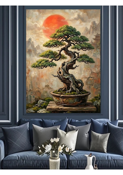 Saksıda Budanmış Küçük Bonsai Ağacı Dekoratif Kanvas - Mdf Ahşap Tablo