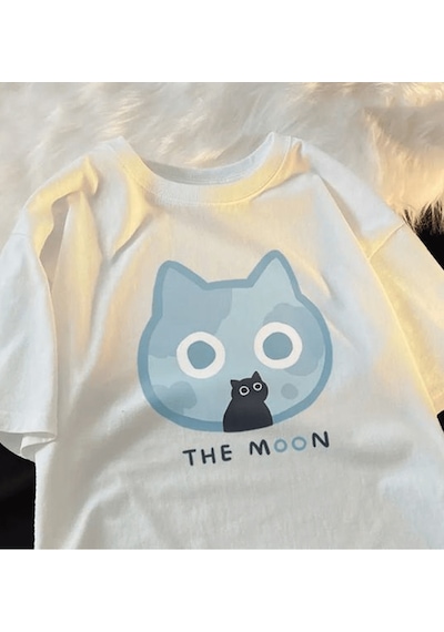 Y2k Kawaii Kore Tarzı The Moon Beyaz T- Shirt Beyaz