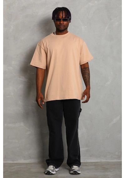 Oversize Düz Bisiklet Yaka T-shirt - Bej - -Çok Renkli