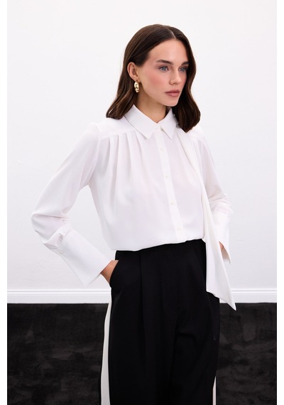 Sateen Fularlı Gömlek - Ekru-136901 ekru