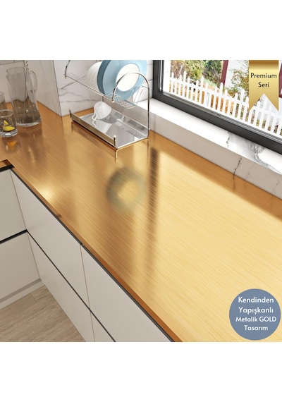 Technosmart 60cm 300cm Kendinden Yapışkanlı Metalik Folyo Mutfak Dolap Masa Kaplama Duvar Kağıdı Gold