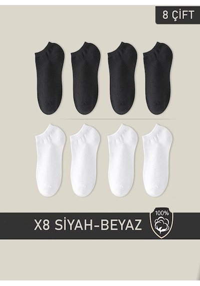 Bgk Unisex Patik Çorap 4 Beyaz Siyah (8 Çift) Beyaz Siyah Beyaz - Siyah