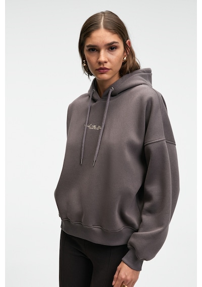 Grimelange JASSES Kadın Oversize Nakışlı Kapüşonlu Antrasit Sweatshirt
