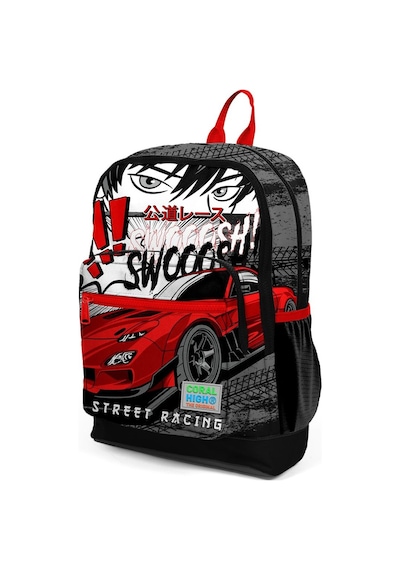 Coral High Kids Siyah Kırmızı Anime Araba Desenli Dört Bölmeli Okul Sırt Çantası 23747
