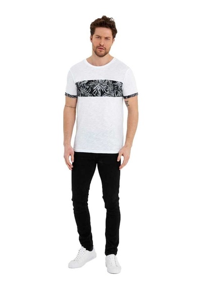 Bisiklet Yaka Kısa Kollu Desenli Penye Erkek Tshirt Beyaz
