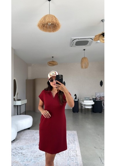 Hazego Kadın Polo Yaka Mini Elbise Bordo