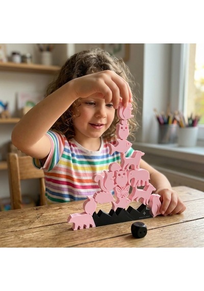 Montessori Hayvan Figürlü Denge Oyunu - Eğitici Zeka Geliştirici Tetris Blokları - Pembe 12 Parça
