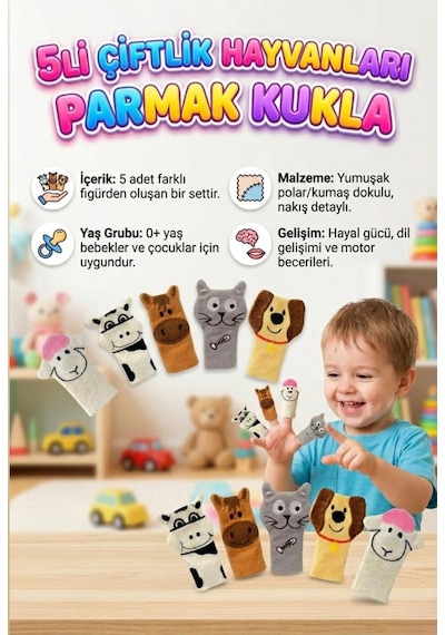 Babycim 5'li Çiftlik Hayvanları Parmak Kukla - Yumuşak Dokulu Eğlenceli Eğitici Öğretici Set
