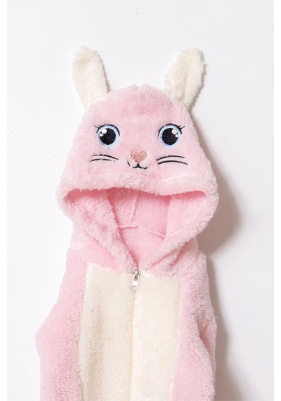 Unisex Bebek Kapüşonlu Tavşan Desenli Peluş Tulum Bej