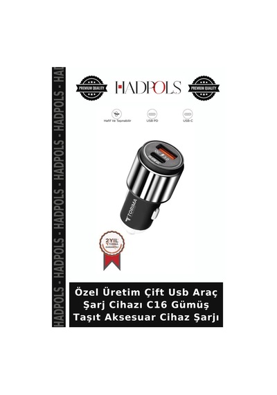 Özel Üretim Çift Usb Araç Şarj Cihazı C16 Gümüş Taşıt Aksesuar Cihaz Şarjı