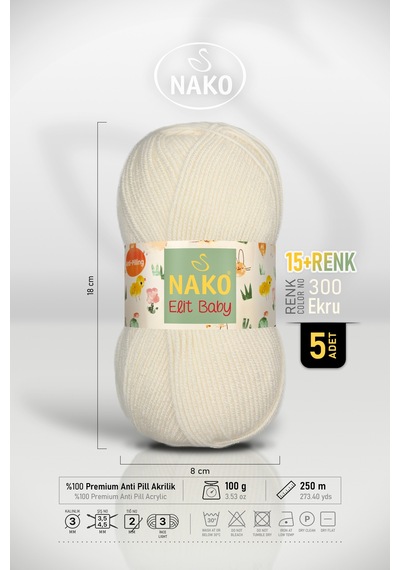 Elit Baby - 300 Ekru - 5'li Paket - 100gr/250m - Bebek İpi - Anti Pilling Tüylenmez İp