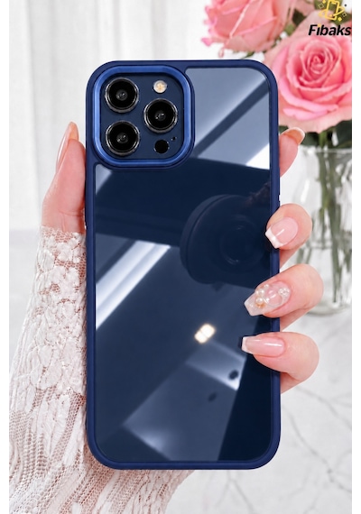 Fibaks iPhone 15 Pro Max Uyumlu Kılıf Kamera Çıkıntılı Kenarı Renkli Arkası Şeffaf Hassas Butonlu Kapak Mid