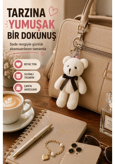 1 Adet Beyaz Peluş Ayıcık Anahtarlık 15x8 Cm Çanta Sırt Çantası Anahtar Aksesuar Sevimli Fiyonk