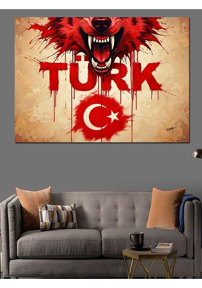 Türkiye Kalp Logo Kurt İllüstrasyon Dekoratif Kanvas - Mdf Ahşap Tablo