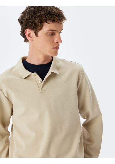 Koton Pamuklu İnterlok Kumaş Polo Yaka Sweatshirt Bej 5sam70003mk Ekru