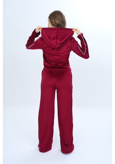 Toontoy Kids Toontoy Kız Çocuk 2'li Takım Fermuarlı Kapüşonlu Cepli Sweatshirt & Beli Lastikli Bol Paça Cepli Eşofman Altı - Şerit Detaylı & Kadife Bordo