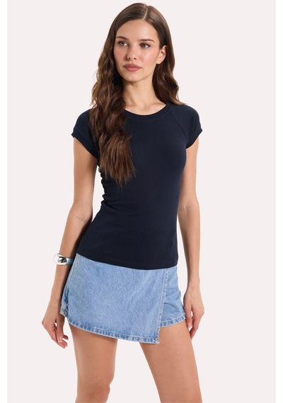 Tudors Kadın Slim Fit Dar Kesim Bisiklet Yaka Reglan Kol %100 Pamuk Lacivert Tişört Bluz-51069
