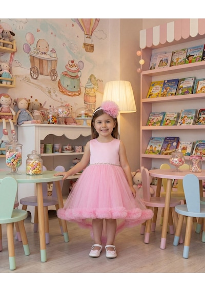 Ayışığı Kız Çocuk Pembe Kuyruklu Tüllü Volanlı Taç Hediyeli Abiye Elbise 2-6 Yaş Pembe