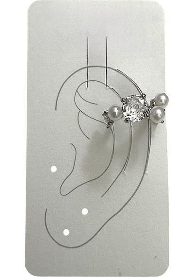 Earcuff Sıkıştırmalı Pirinç Kıkırdak Küpe İncili Taşlı Gümüş Renk Çelik