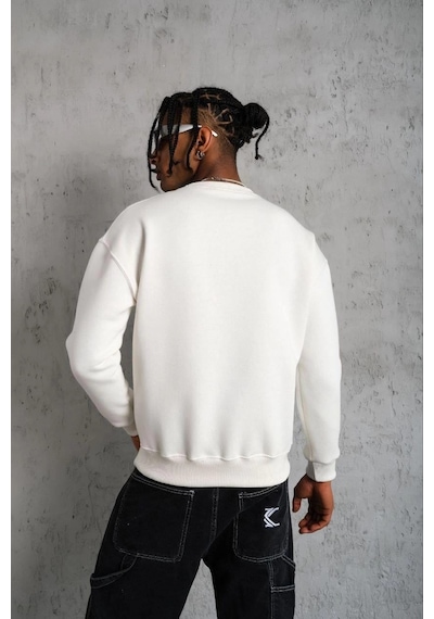 Barlashive Erkek Düz Bisiklet Yaka 3 İplik Pamuklu Sweatshirt - Beyaz Çok Renkli