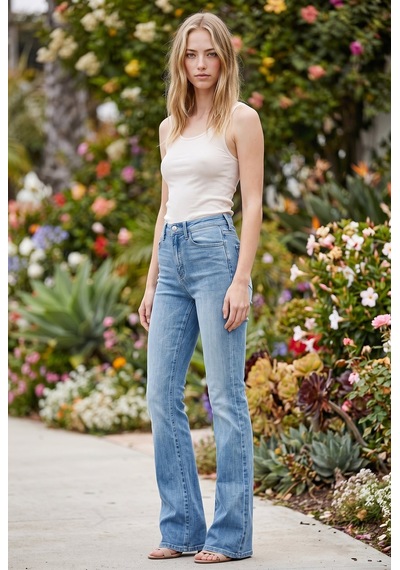 Soulshae Yüksek Bel Kemerli Kloş Denim Pantolon Mavi