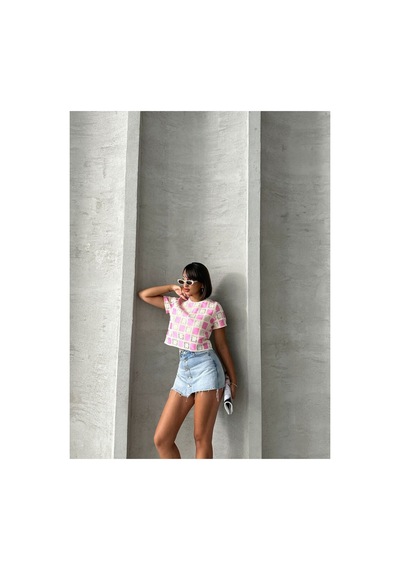 Verymoda Kısa Kollu Dama Desen Tiğişi Bluz D2619 Ham Pembe