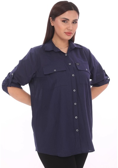 Lady Majestic %100 Cotton Büyük Beden Natural Gömlek - Lacivert
