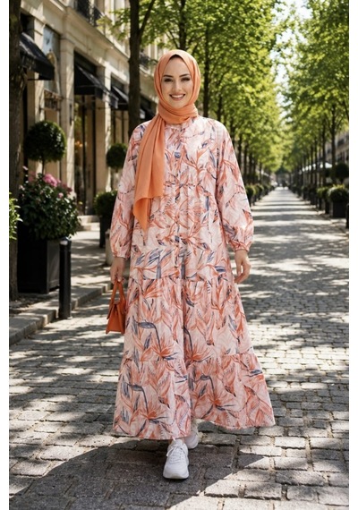 Hb Harma Time Butik Kadın Düğmeli Modal Kumaş Desenli Kırmızı Elbise Kırmızı Kırmızı