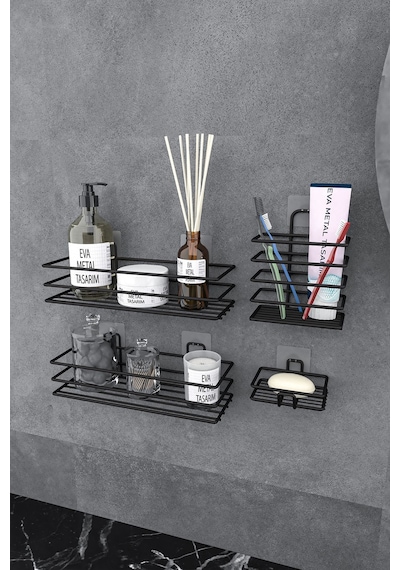 Eva Metal Tasarim Yapışkanlı Banyo Seti Duş Rafı + Sabunluk + Diş Fırçalık Metal Set Siyah