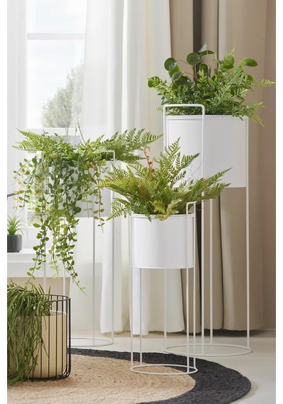 Ayaklı Metal Silindir Çiçek Ve Saksı Standı Beyaz, Büyük Diğer