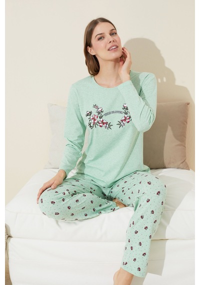 Siyah İnci Pamuklu Örme Pijama Takım 24240119 Yeşil