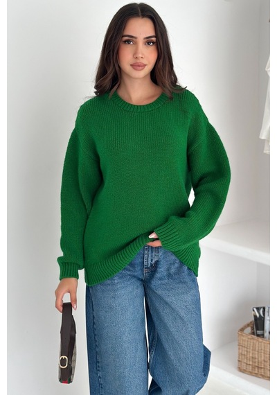 Femelle Yeşil Kadın Oversize Basic Triko Kazak - Standart Beden