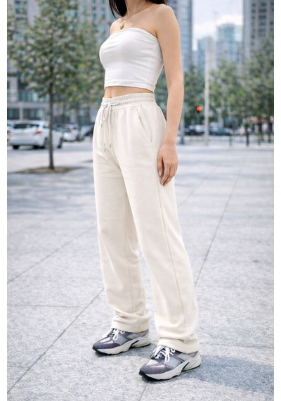 Winmoda34 Kadın Trend Bol Paça Modal Kumaş Eşofman Altı Çift Cepli Wide Leg Krem