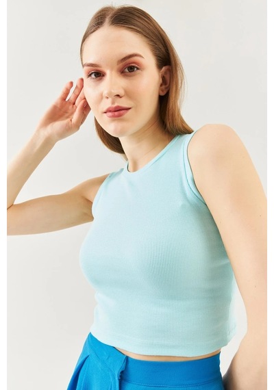Butikgiz Kadın Sıfır Kol Bisiklet Yaka Vücuda Oturan %100 Pamuklu Kaşkorse Esnek Crop Bluz Aqua