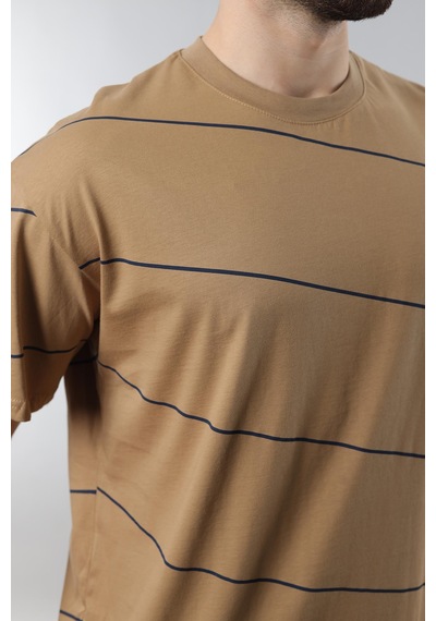 Madmext Kapuçino Bisiklet Yaka Basic Çizgili Erkek T-shirt E7102 Kapuçino Sütlü Kahverengi