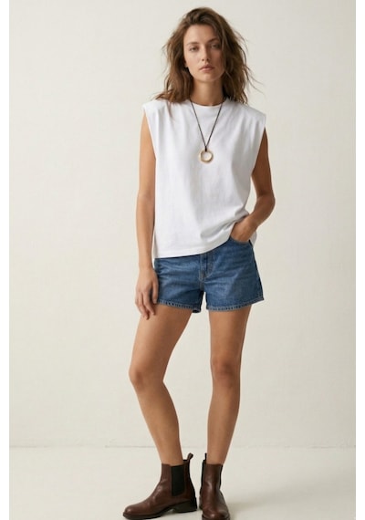 Elemge %100 Pamuk Süprem Tok Kumaş Kadın Oversize Beyaz T-shirt Geniş Omuzlu Dökümlü Kolsuz Bol Kalıp