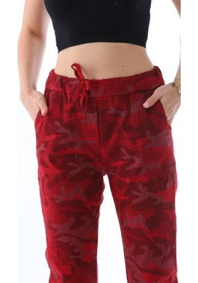 Eren Style Italyan Beli Bağlamalı Kamuflaj Desenli Dar Paça Pantolon-9078 Kırmızı