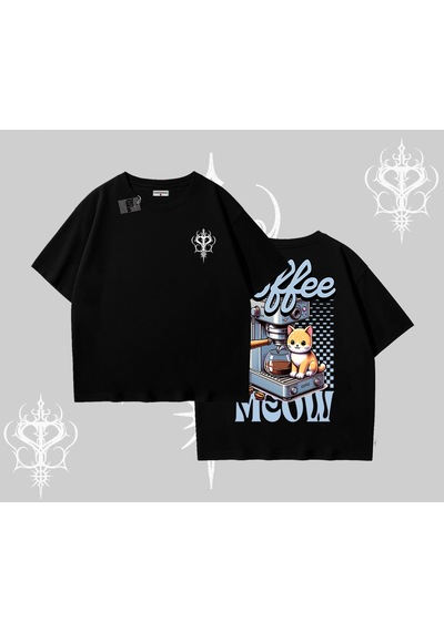 Tarzsokak Coffee Meow Kahve Temalı Kedi Arka Baskılı Oversize Tshirt Siyah