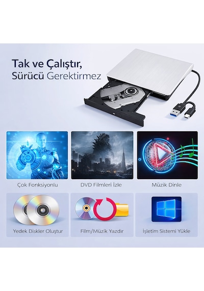 Taşınabilir Harici Usb 3.0 Tyce-c Cd/dvd Optik Yazıcı Okuyucu Ultra İnce Windows Mac Dizüstü