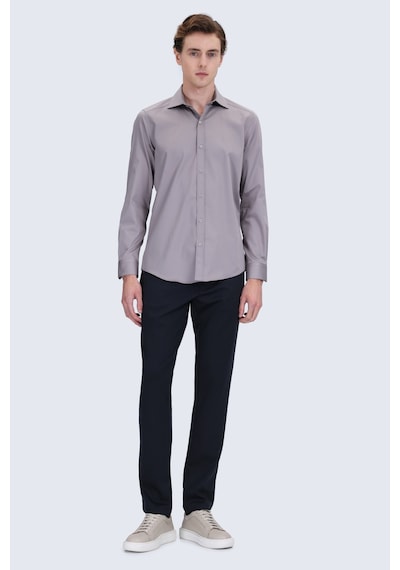 Hatemoğlu Gri Slim Fit Açık İtalyan Yaka 100% Pamuk Uzun Kollu Spor Gömlek