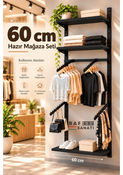 60 Cm 3 Raflı Hazır Mağaza Seti Konik Dikmeli Eğik Askılı Duvar Raf Sistemi Siyah