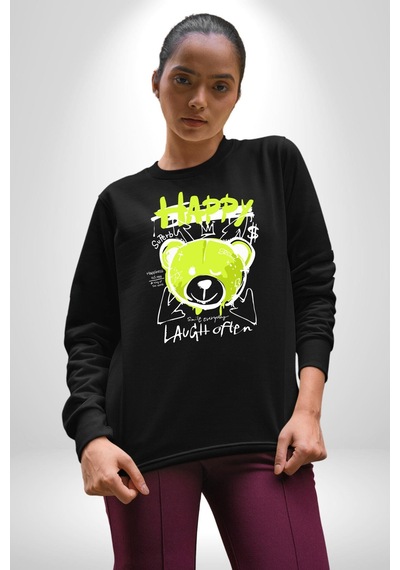 Sık Sık Mutlu Gülmek Teddy Bear Unisex Siyah Sweatshirt Siyah