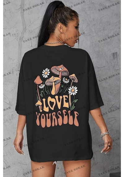 Tarzsokak Kadın Beyaz Love Yourself Baskılı Oversize Siyah