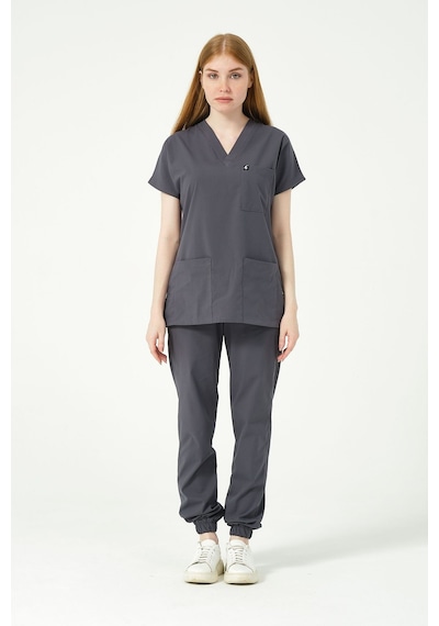 Füme Likralı Scrubs Jogger Paça Doktor Hemşire Forması Yarasa Kol Takım Unisex
