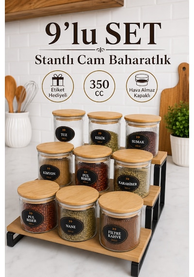 12'li Stantlı Çizgili Cam Baharatlık Seti - Etiketli Ahşap Kapaklı Organizer Baharat Saklama Kabı Çerezlik 350 Ml Şeffaf